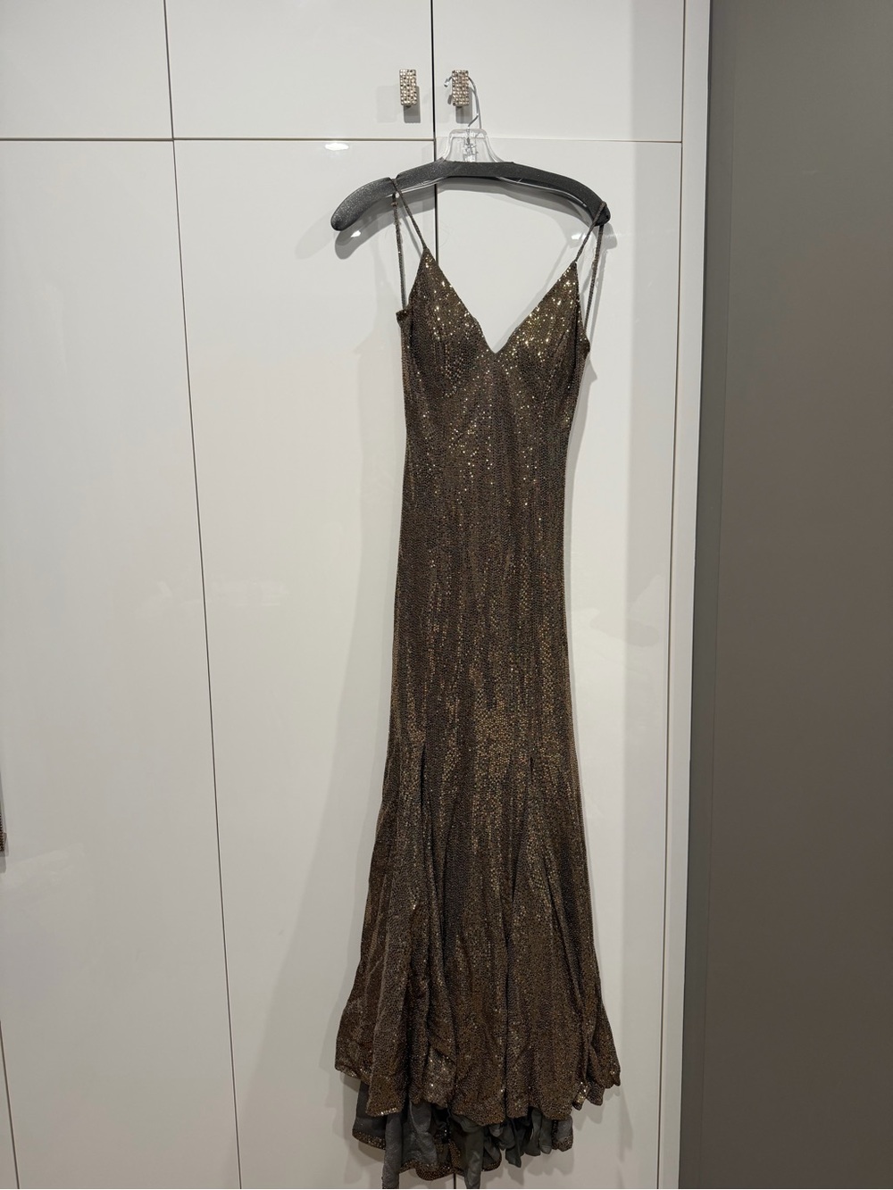 Bronze Sequin Slip Prom Dress with V-Neck